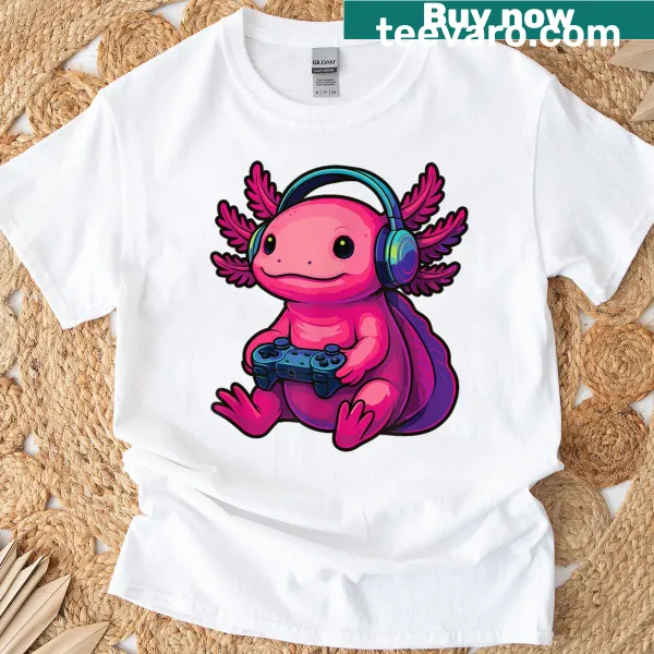 Funny gaming t-shirt featuring a cartoon axolotl