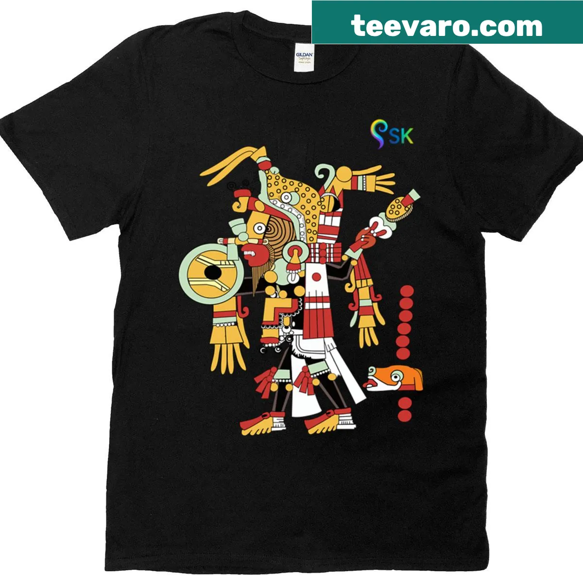 Illustrated T-shirt featuring an Aztec deity design. — on a men's t-shirt