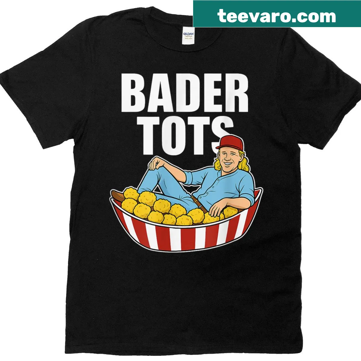 Cartoon T-shirt featuring Bader Tots enjoying baseball snacks. — on a men's t-shirt