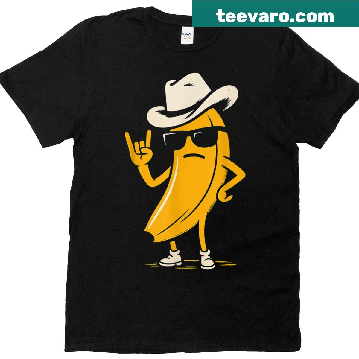 Fun T-shirt featuring a cowboy and bananas in a whimsical design — on a men's t-shirt