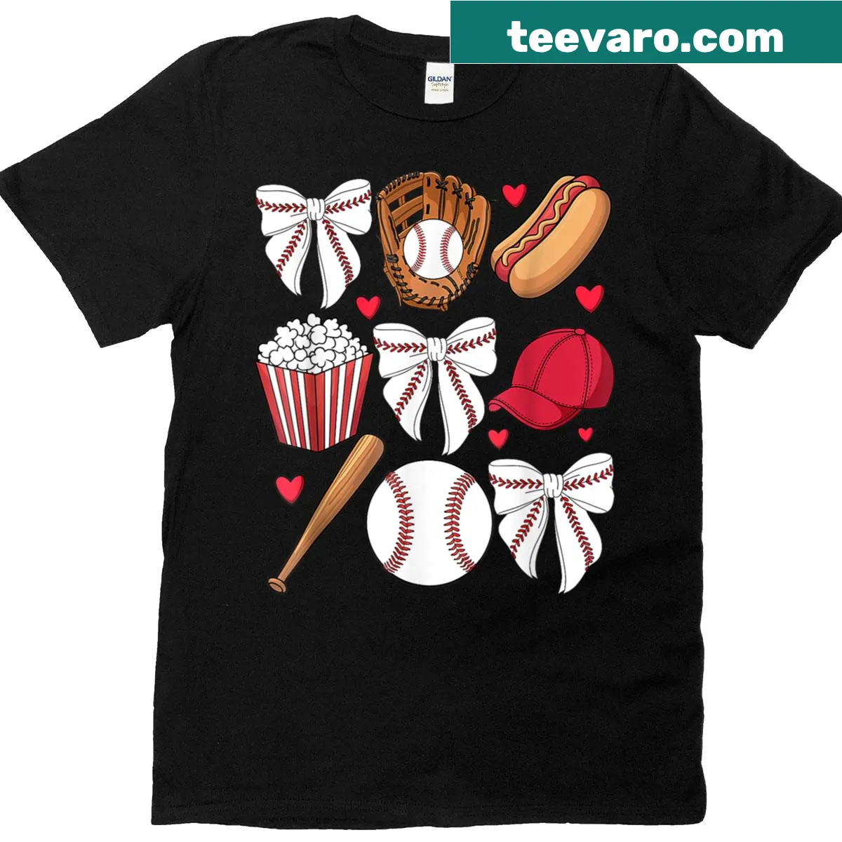 Baseball-themed T-shirt for moms featuring bats, caps, and a bow design — on a men's t-shirt