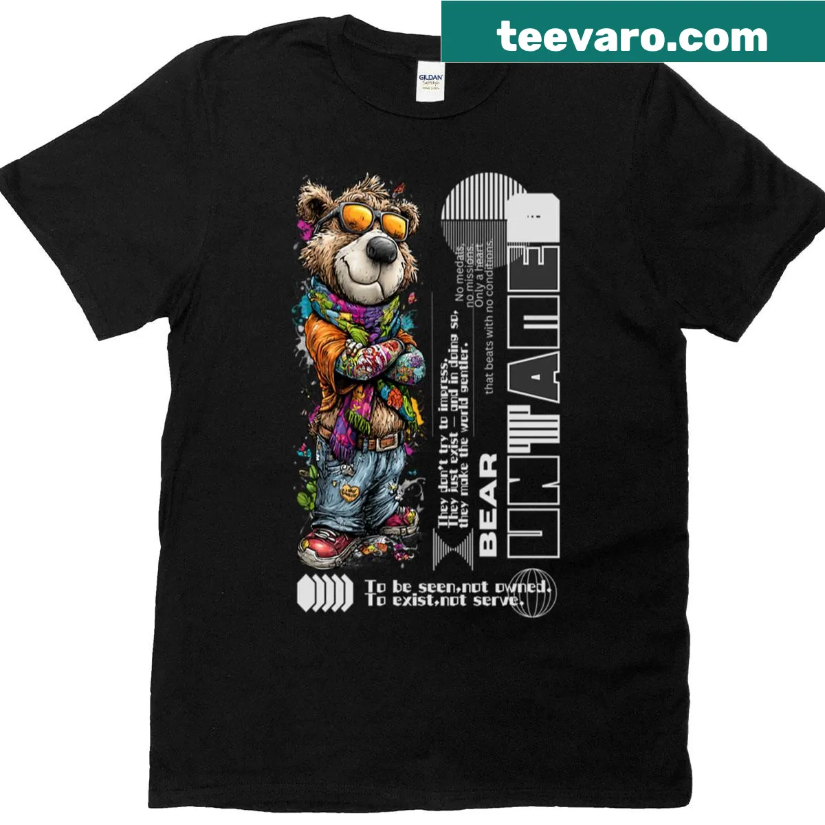 Cartoon bear graphic on a streetwear T-shirt — on a men's t-shirt