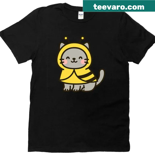 Cute T-shirt featuring a gray cat in a bumblebee costume design
