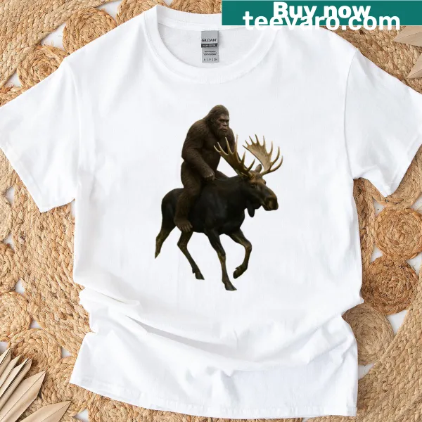 Bigfoot riding a moose graphic on a T-shirt