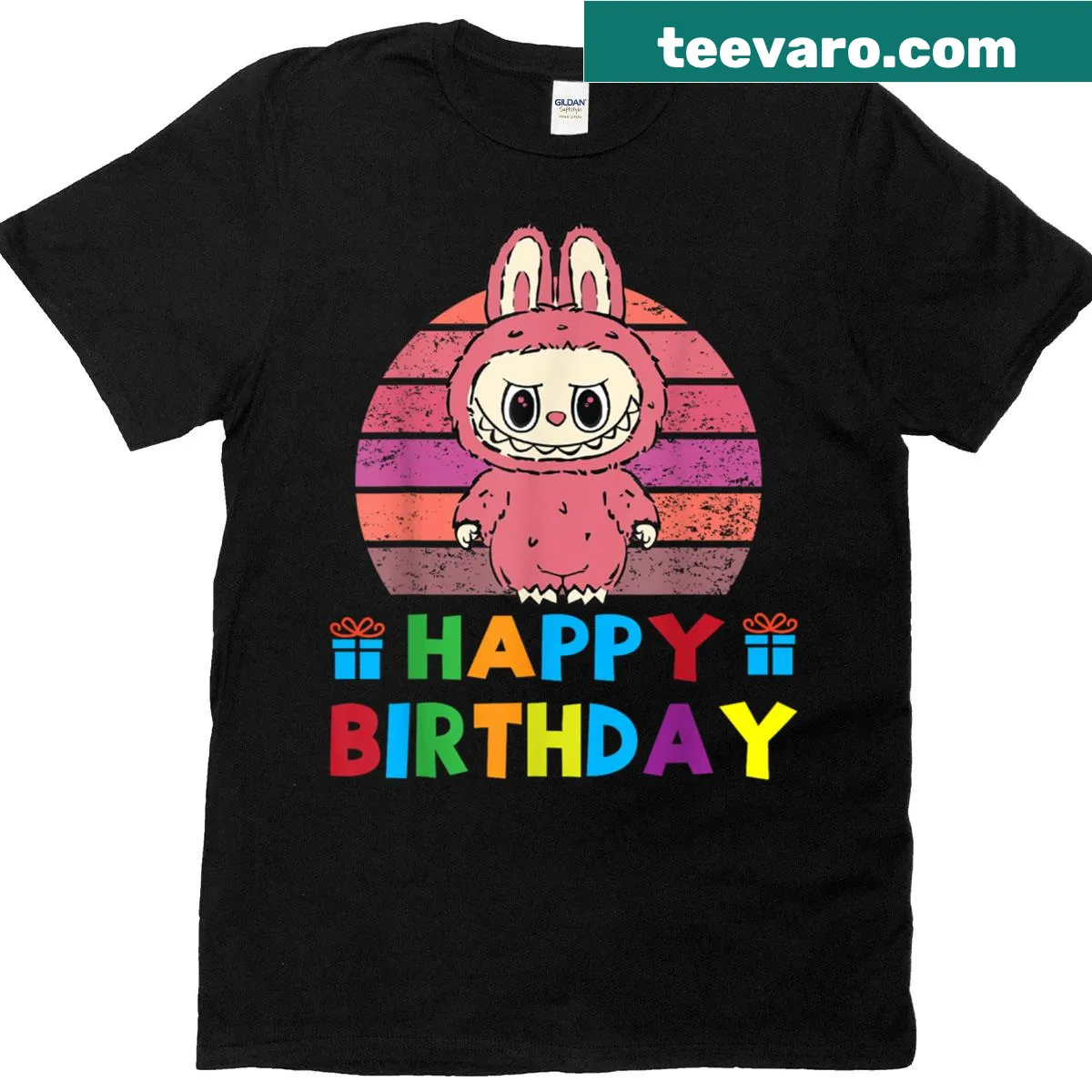 Cartoon Labubu character on a birthday T-shirt — on a men's t-shirt