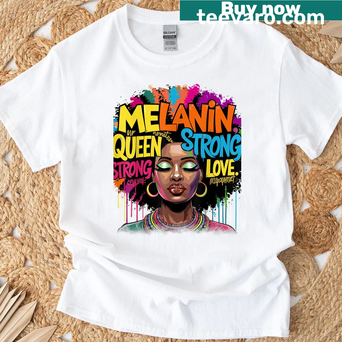 Melanin Queen graphic on a T-shirt celebrating Black women — on a men's t-shirt