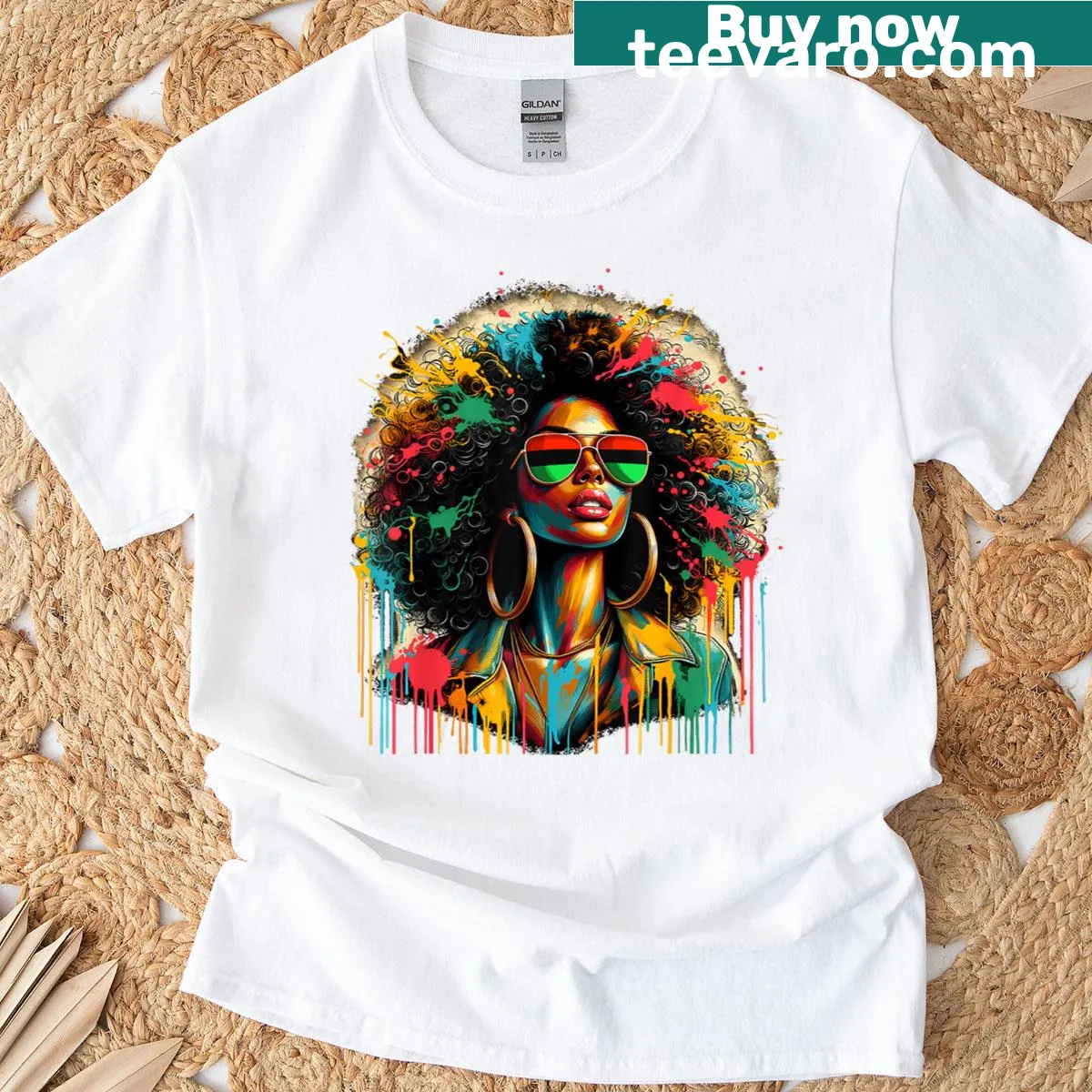 Juneteenth T-shirt with queen design and melanin motifs — on a men's t-shirt