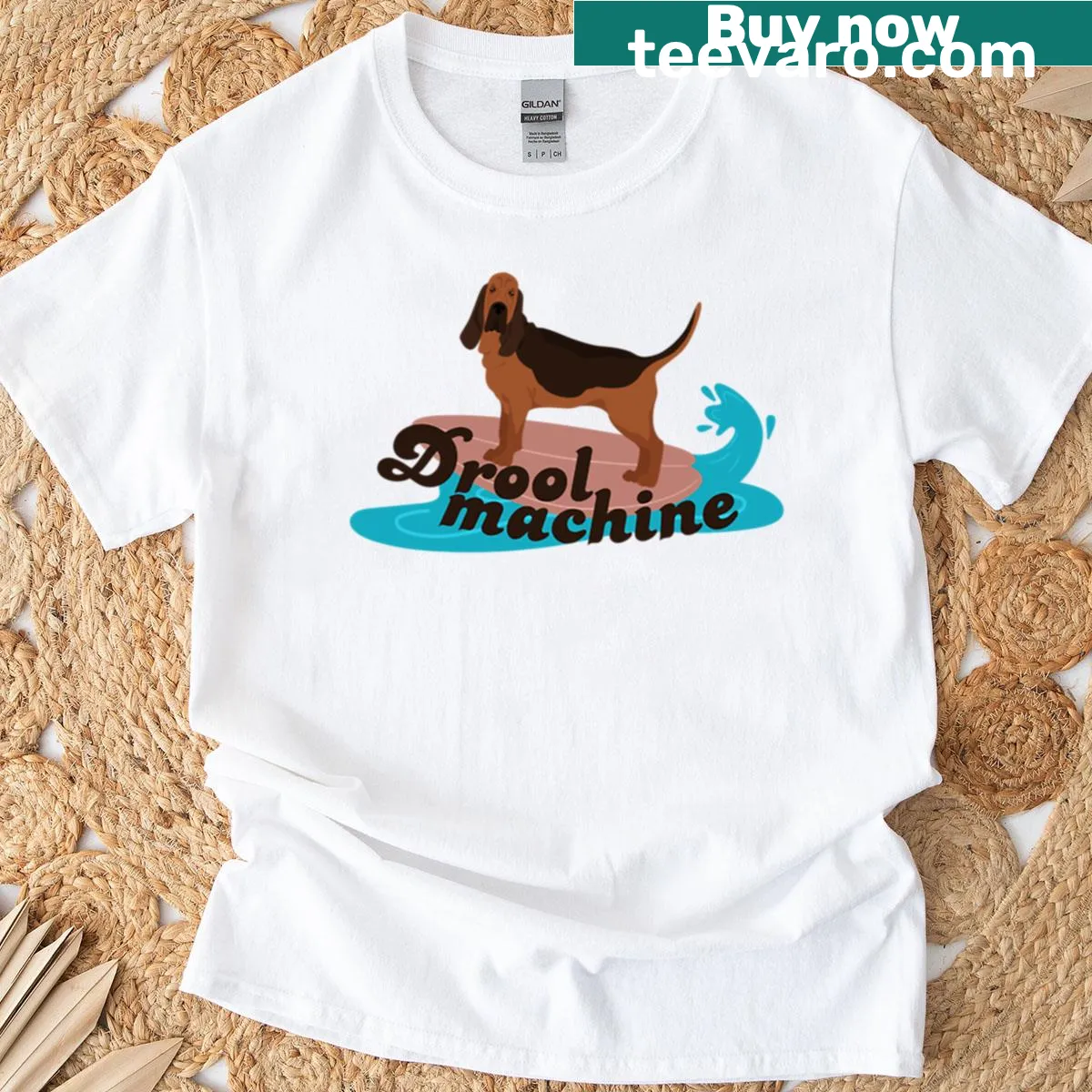 Bloodhound Droolhound t-shirt with bold typography — on a men's t-shirt