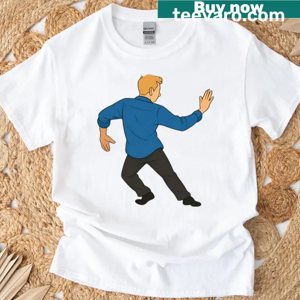 Playful T-shirt featuring a cartoon blue dancing character