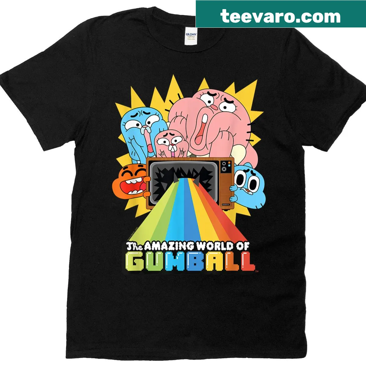 Cartoon T-shirt featuring a broken TV with a rainbow across it. — on a men's t-shirt