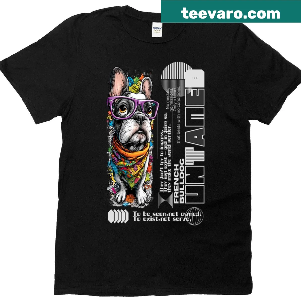 Streetwear T-shirt with a funny bulldog cartoon graphic. — on a men's t-shirt