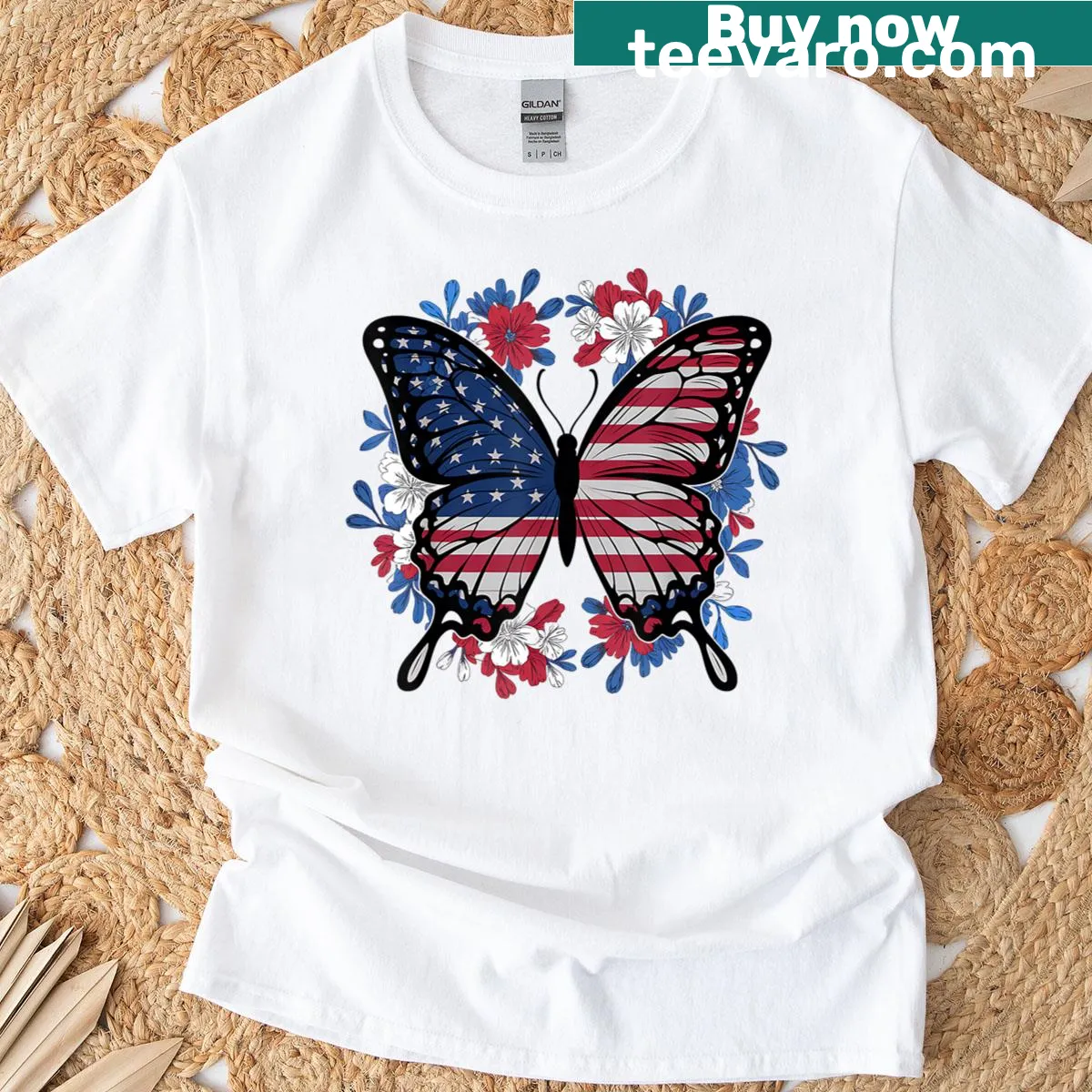 T-shirt with butterfly design over the American flag for Fourth of July. — on a men's t-shirt