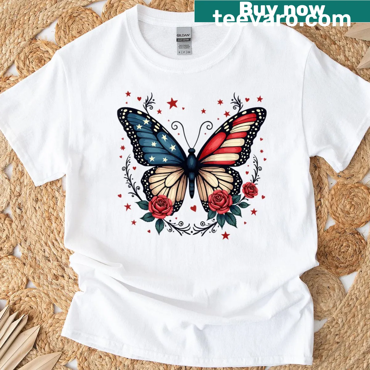 Funny 4th of July t-shirt with butterfly, flowers, and USA flag art — on a men's t-shirt