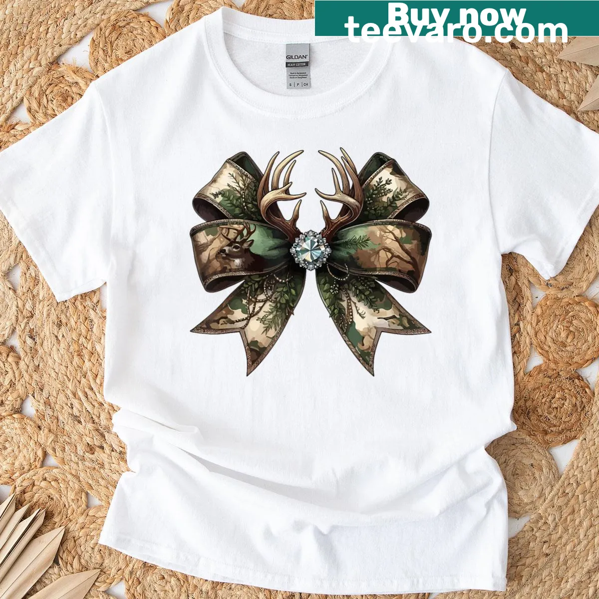 Vintage camo t-shirt with bow design for women — on a men's t-shirt