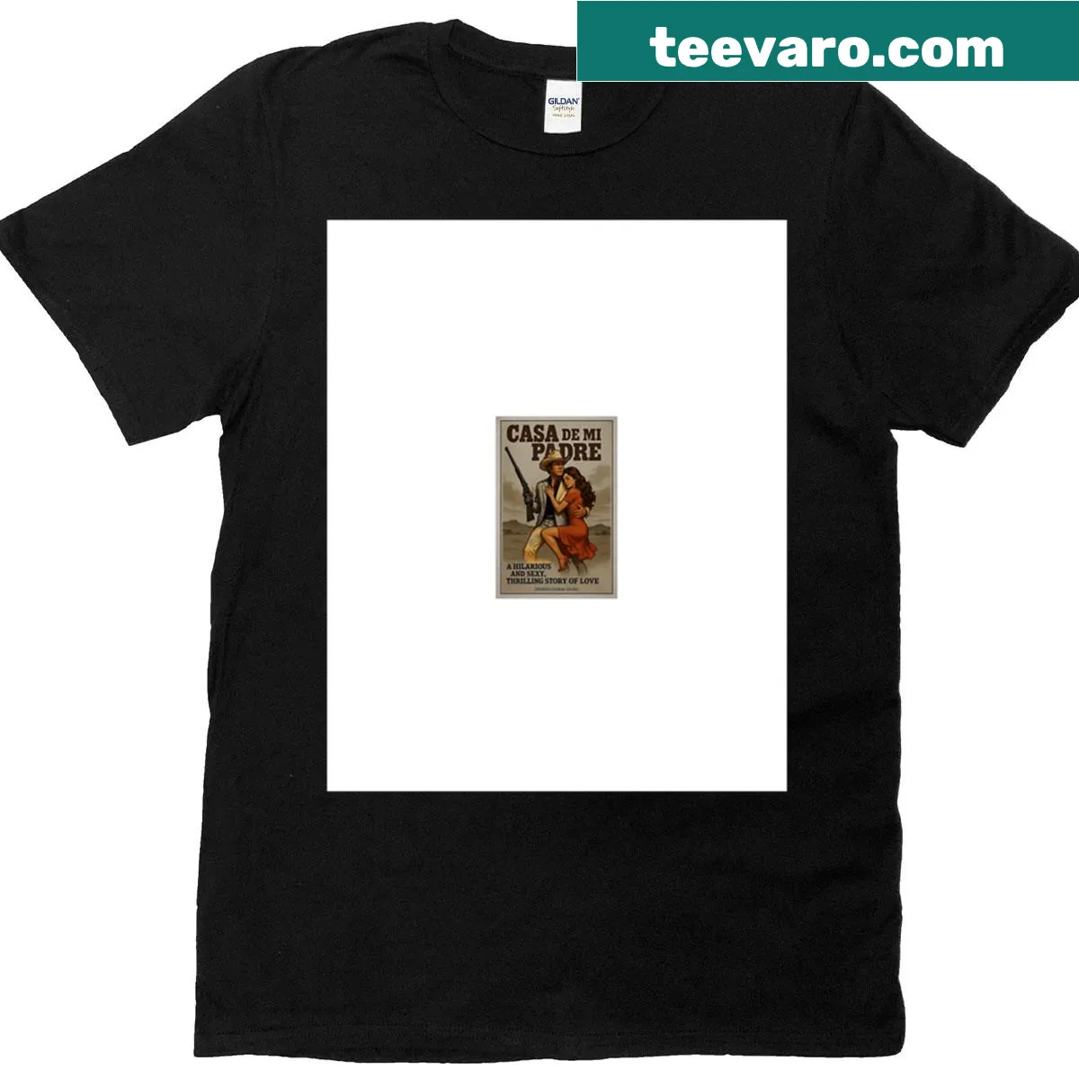 Vintage Western romance poster graphic on a t-shirt — on a men's t-shirt