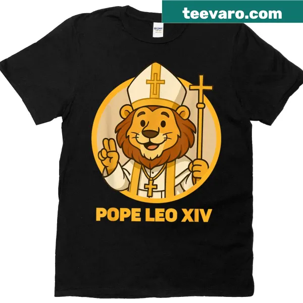 Cartoon lion representation of Pope Leo XIV on a t-shirt
