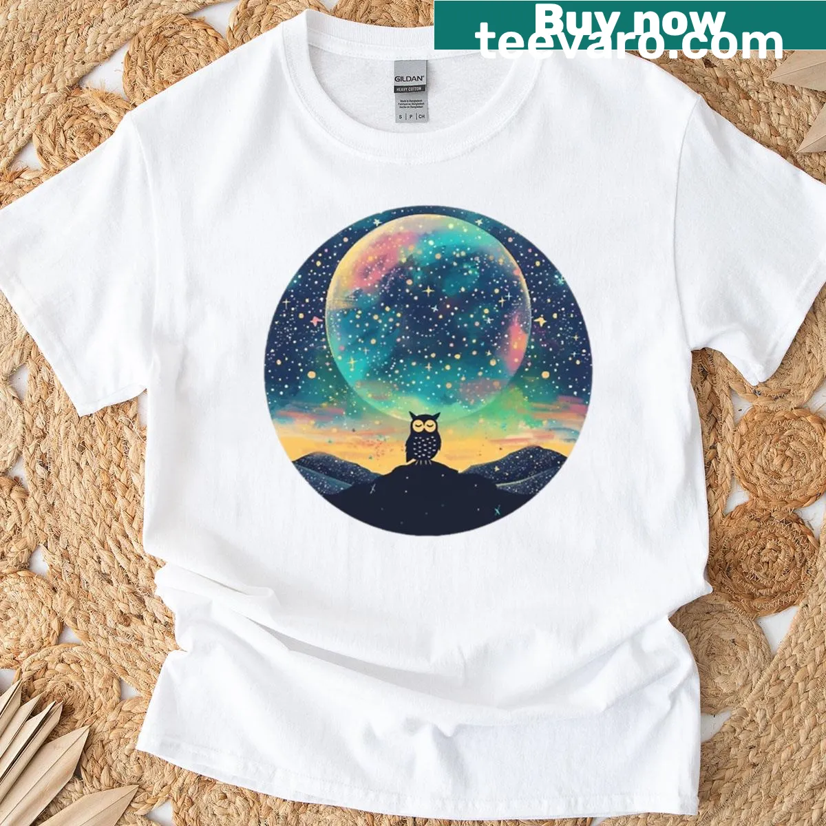 Mystical owl night sky circular design oversized t-shirt — on a men's t-shirt