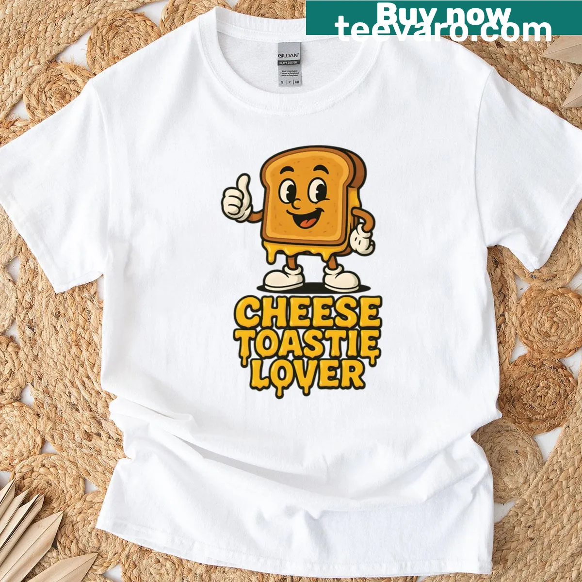 Cartoon graphic of a cheese toastie on a funny T-shirt — on a men's t-shirt