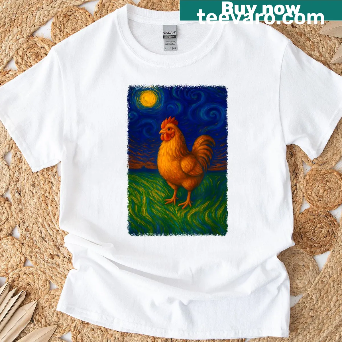 Whimsical chicken illustration against a starry background — on a men's t-shirt