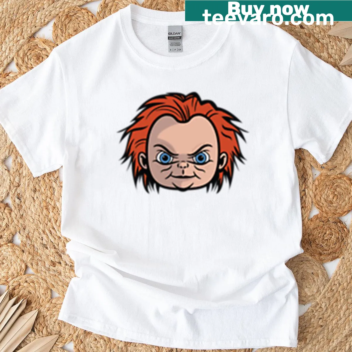 Illustration of Chucky with a quote on a horror-themed T-shirt — on a men's t-shirt