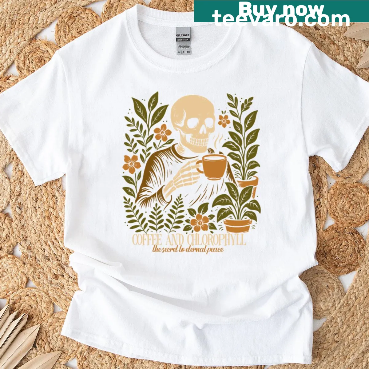 T-shirt featuring coffee and plant-themed design — on a men's t-shirt