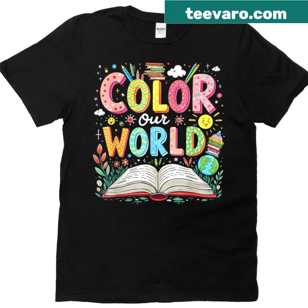 T-shirt promoting Color Our World Book Reading Program with playful graphics