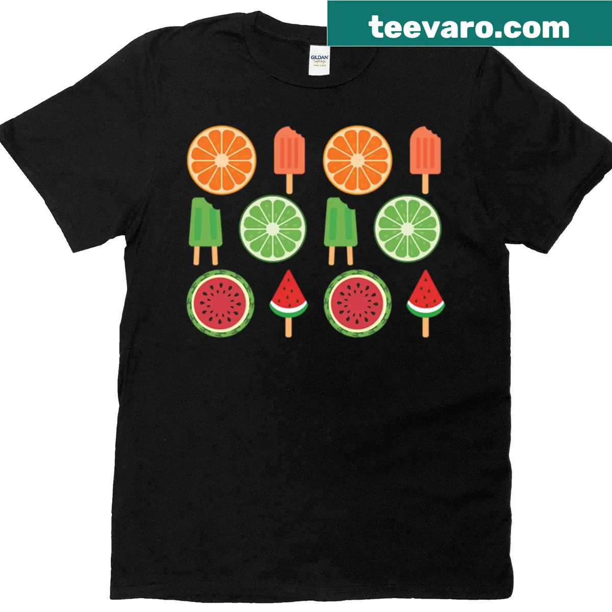 Oversized T-shirt featuring a grid of fruit popsicles and slices — on a men's t-shirt