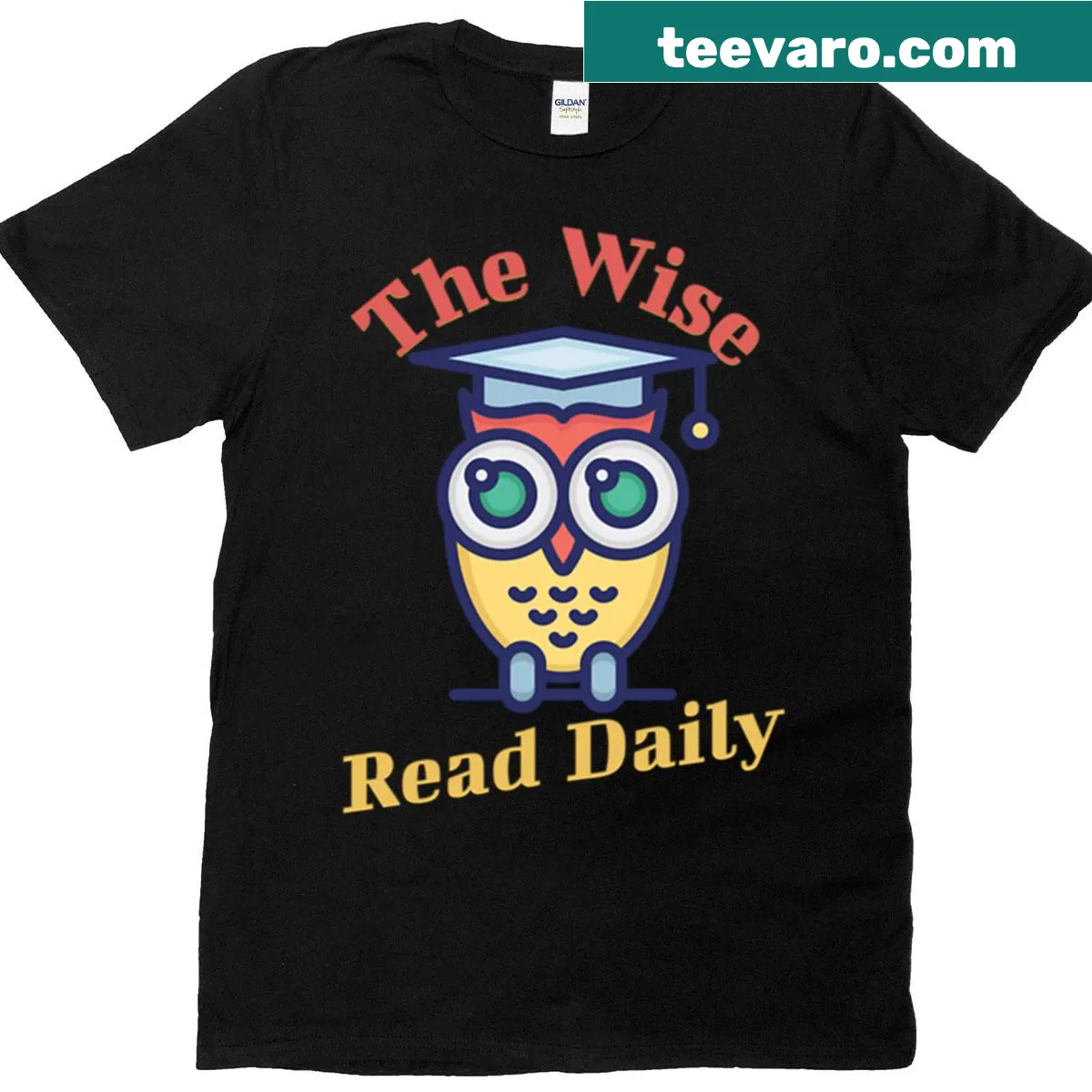 Graduating owl reading T-shirt with a whimsical design — on a men's t-shirt