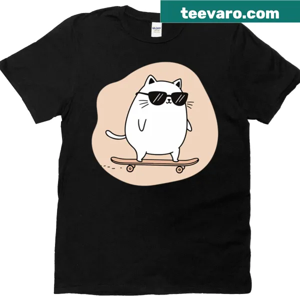 T-shirt featuring a playful cartoon of a cat on a roll