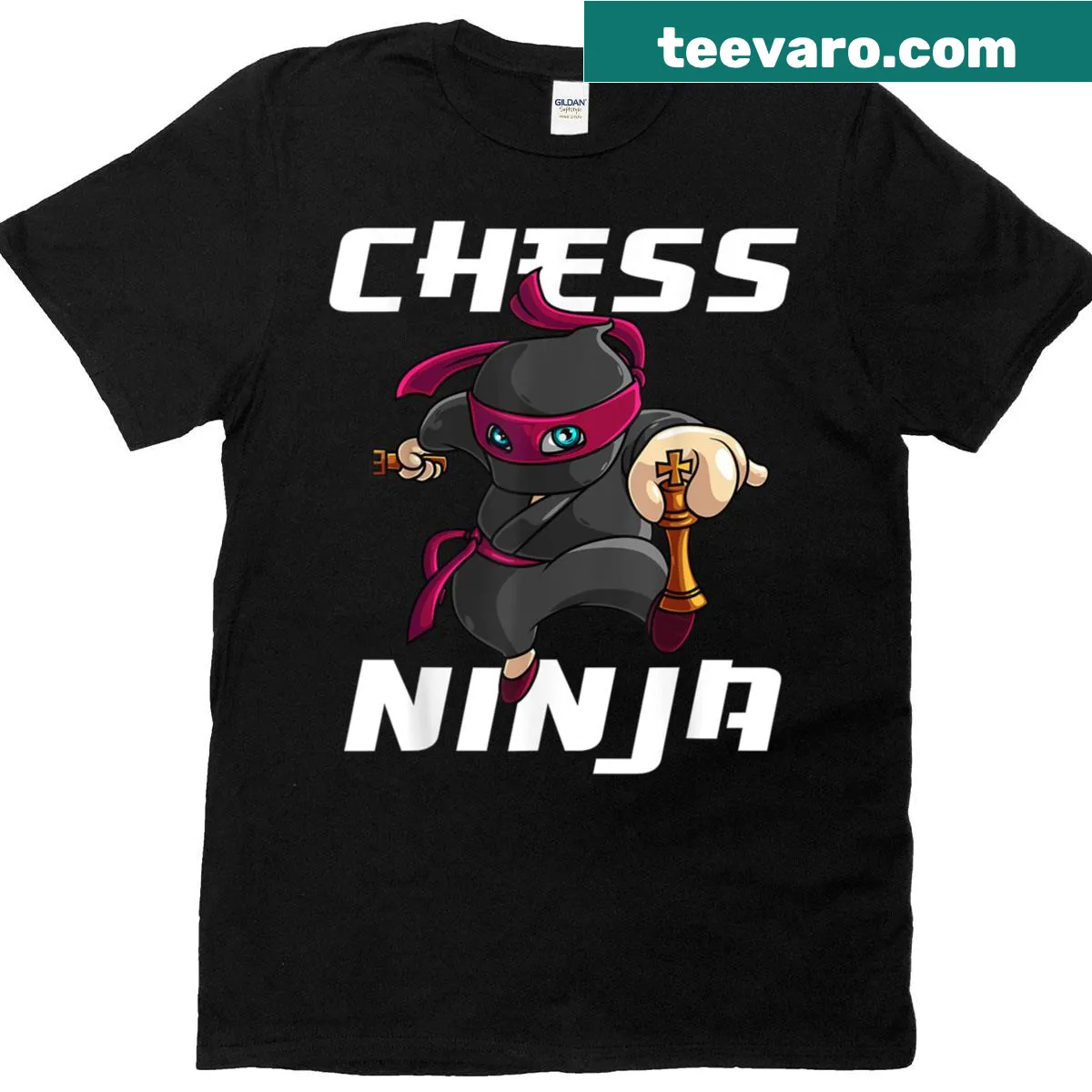 Playful illustration of chess pieces in action — on a men's t-shirt