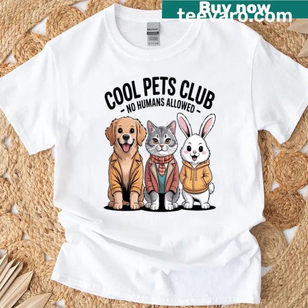 Cartoon Pets Club T-shirt with dog, cat, and bunny design