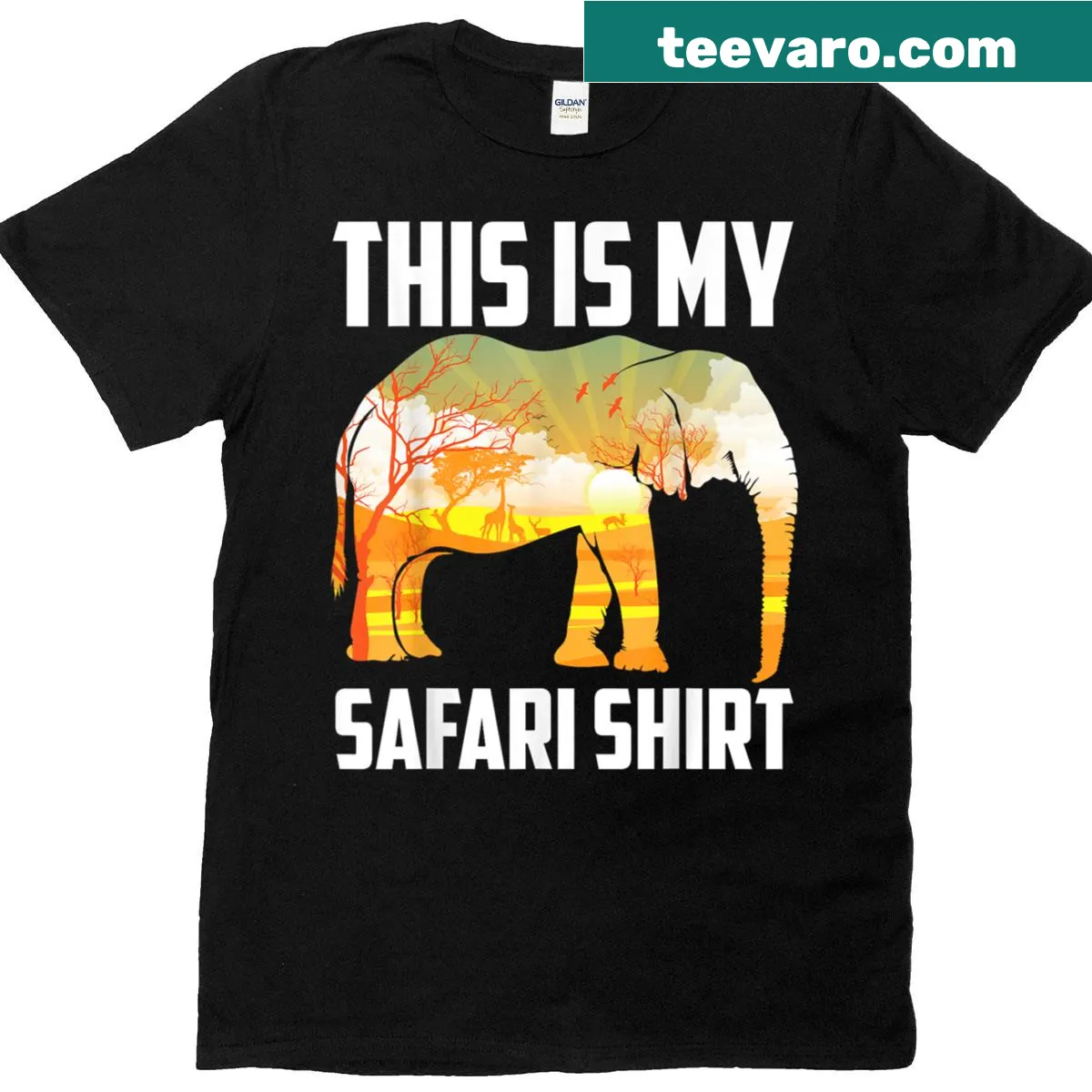 Cartoon safari animals in a playful scene — on a men's t-shirt