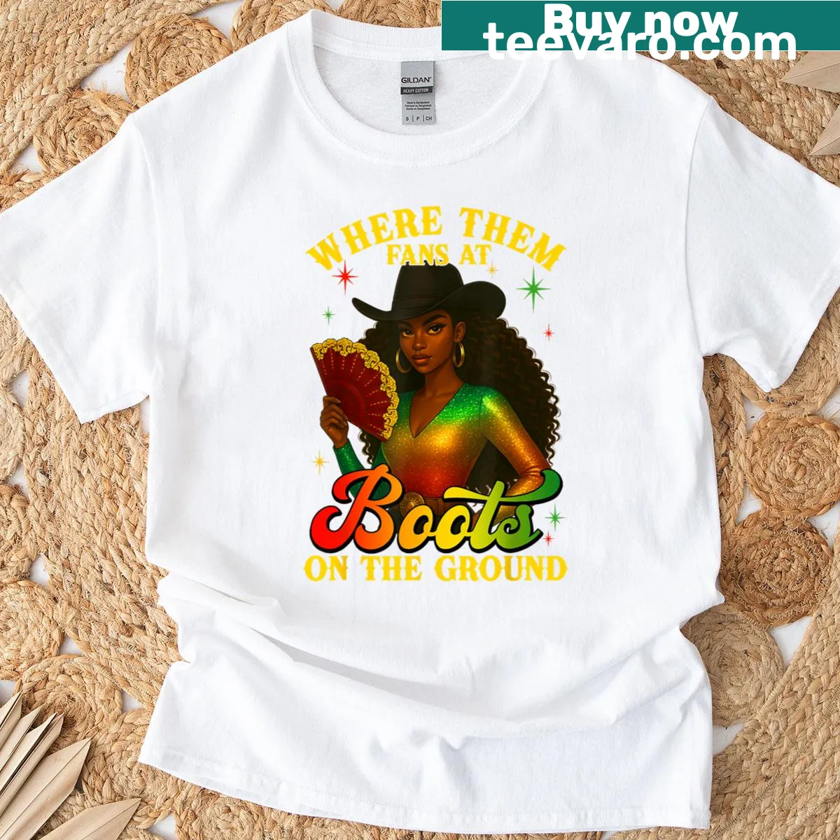Juneteenth-themed T-shirt with cowgirl boots and festive text — on a men's t-shirt