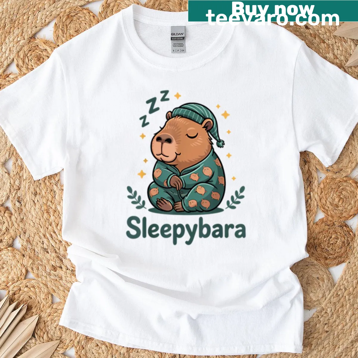 Illustration of a cozy napping capybara on a t-shirt — on a men's t-shirt