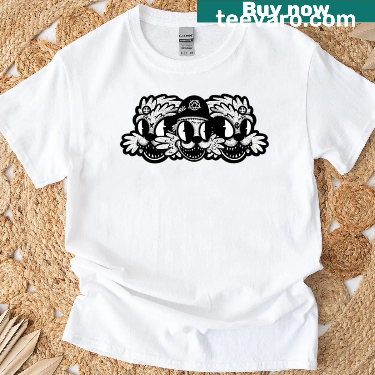 Old school cartoon style t-shirt with whimsical creatures — on a men's t-shirt