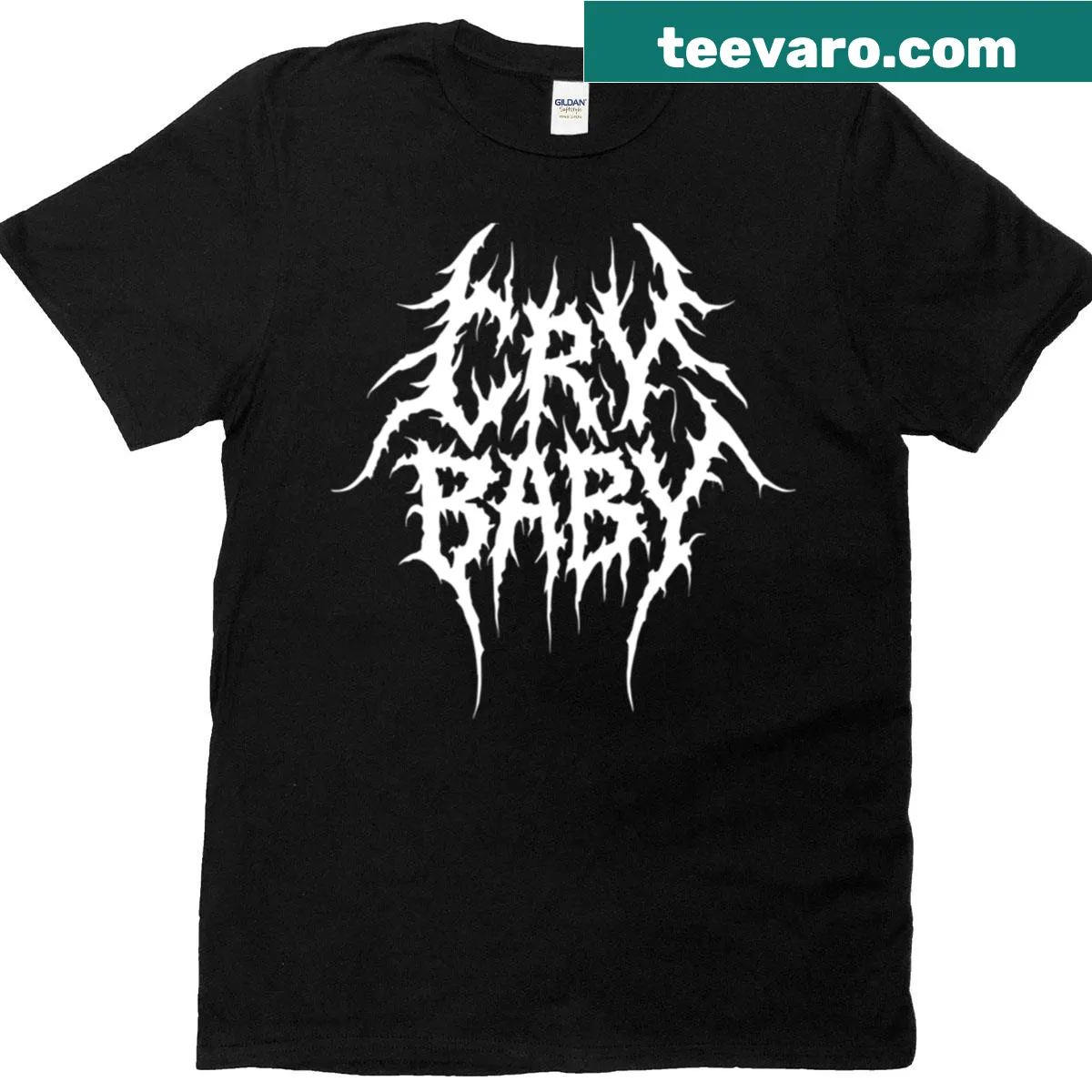 Metal band logo t-shirt featuring Cry Baby design. — on a men's t-shirt