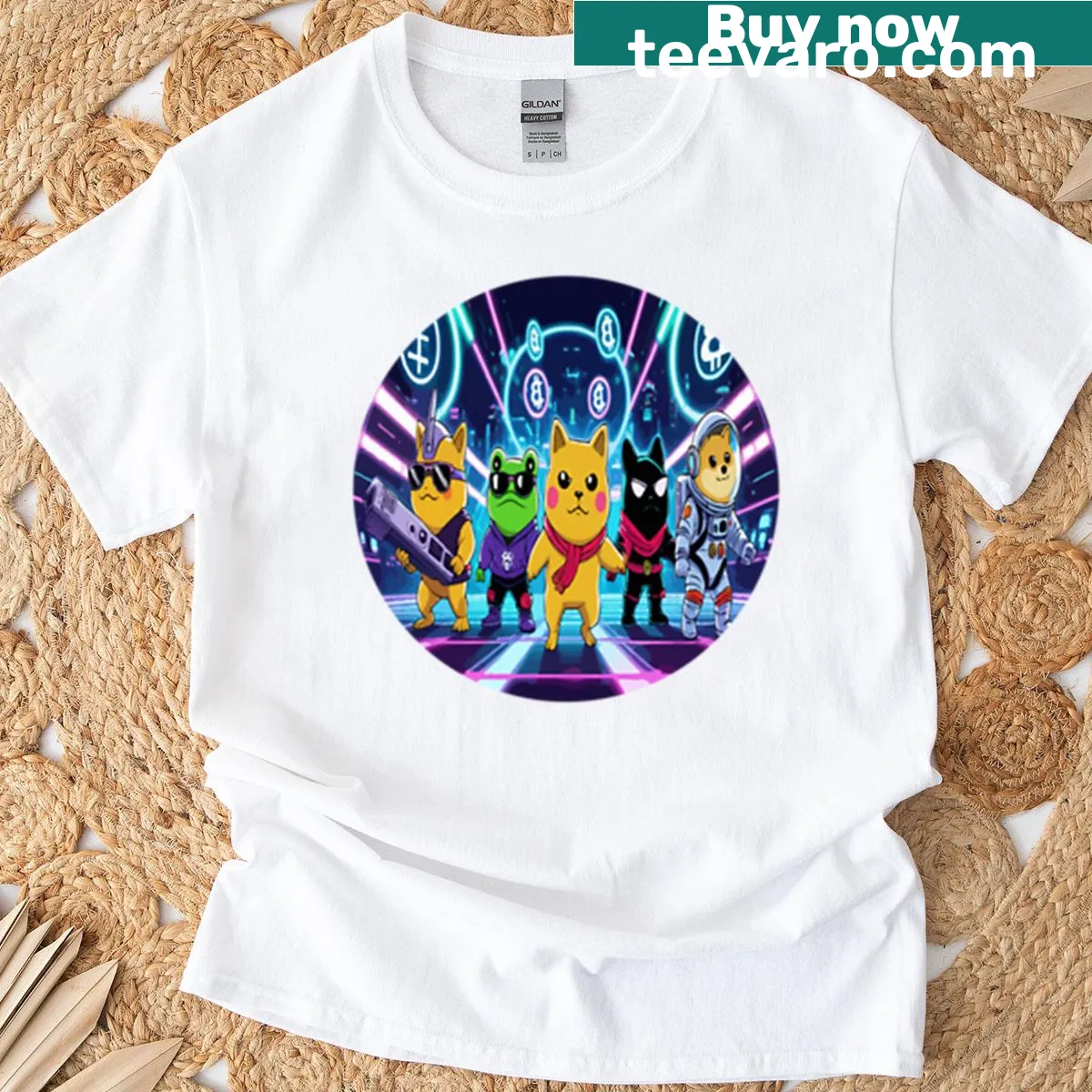Whimsical Crypto Critters graphic on a gaming T-shirt. — on a men's t-shirt