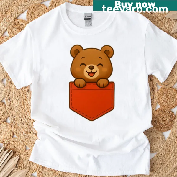 Cuddly bear illustration in a red pocket on a T-shirt