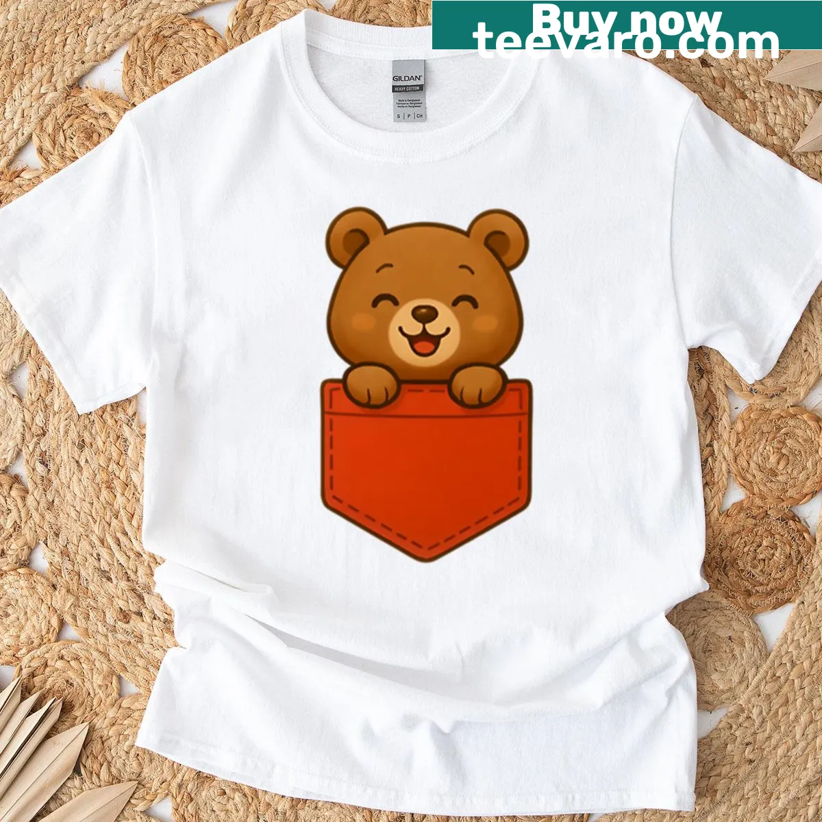 Cuddly bear illustration in a red pocket on a T-shirt — on a men's t-shirt