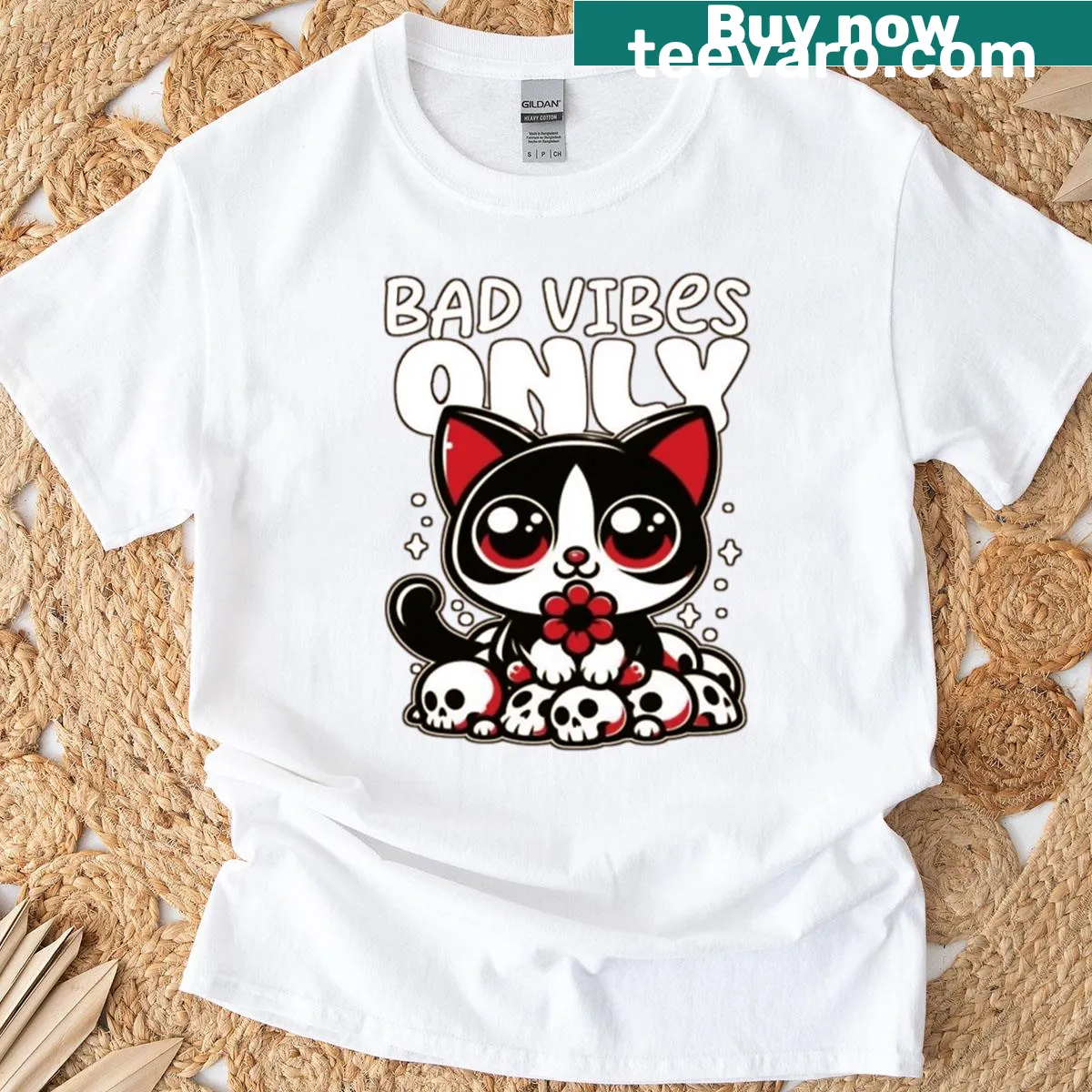 Illustration of a cute black cat on a t-shirt — on a men's t-shirt