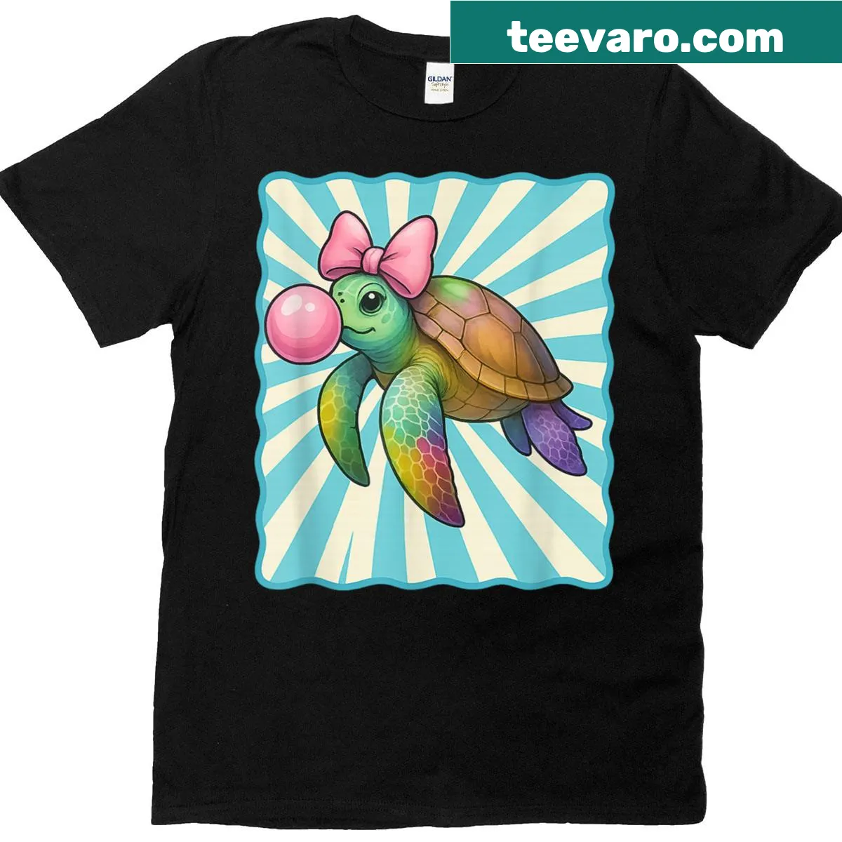 Illustration of a cute turtle with a pink bow — on a men's t-shirt