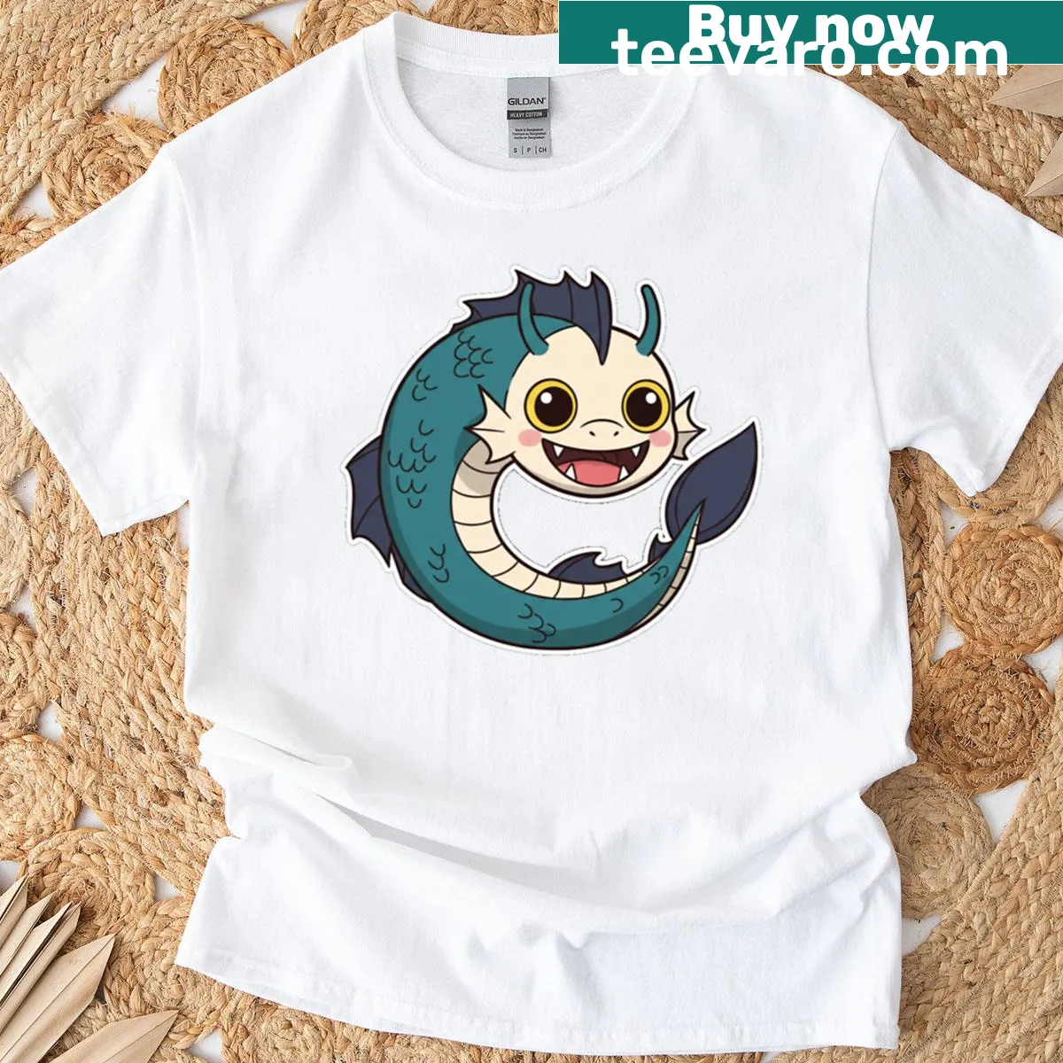 Chibi Bakunawa sea dragon illustration on a T-shirt — on a men's t-shirt