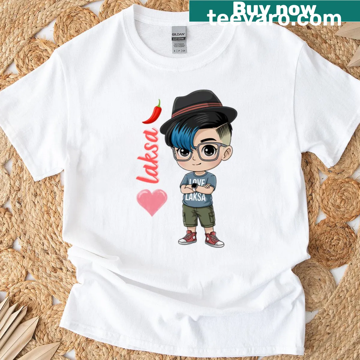 Cartoon-style t-shirt with cute chibi boy and laksa design — on a men's t-shirt
