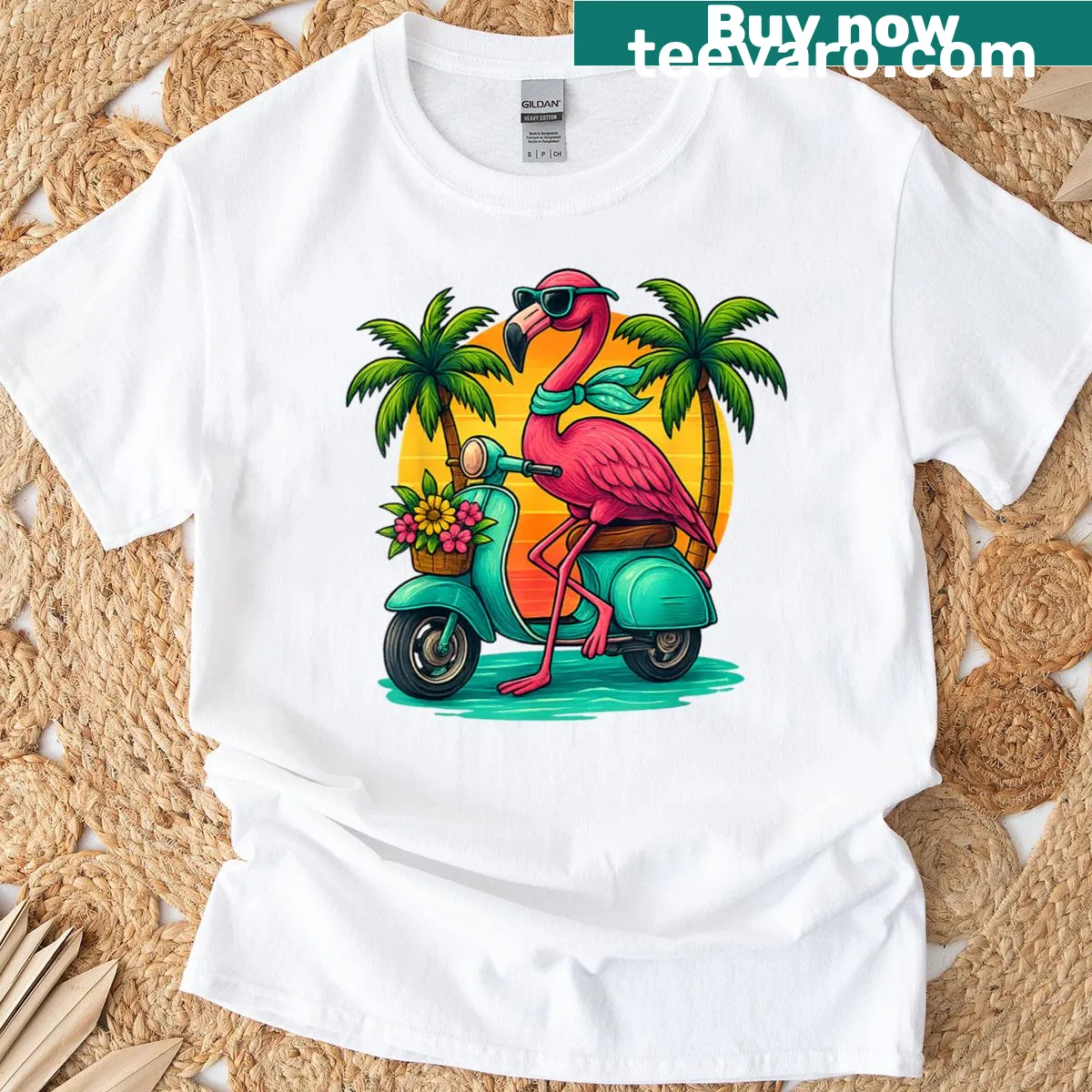 Tropical flamingo design with palm trees for women — on a men's t-shirt
