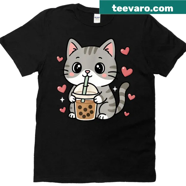 Kawaii grey cat with boba tea illustration on a women's T-shirt