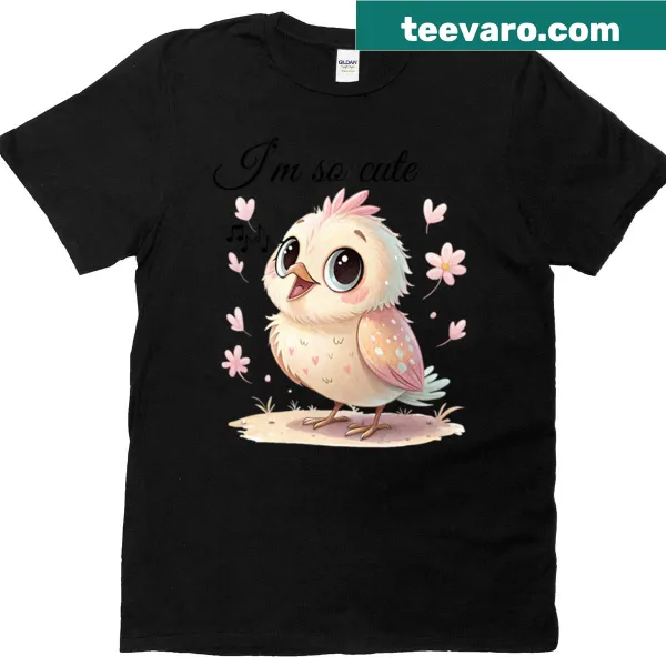 Cute pastel cartoon bird illustration on a women's T-shirt