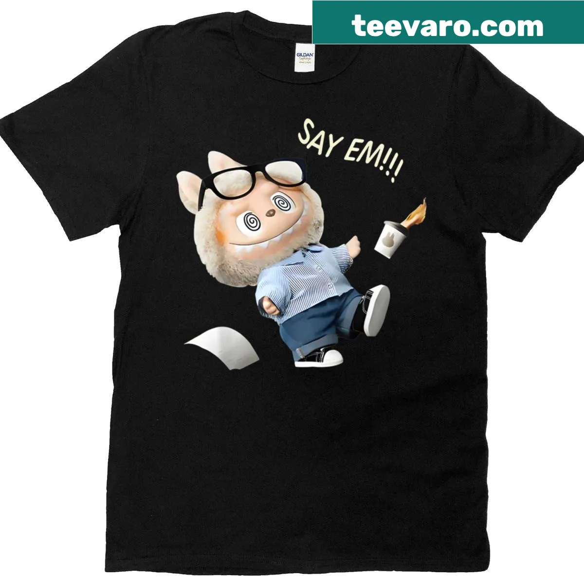 Labubu monster graphic t-shirt with cute expressions — on a men's t-shirt