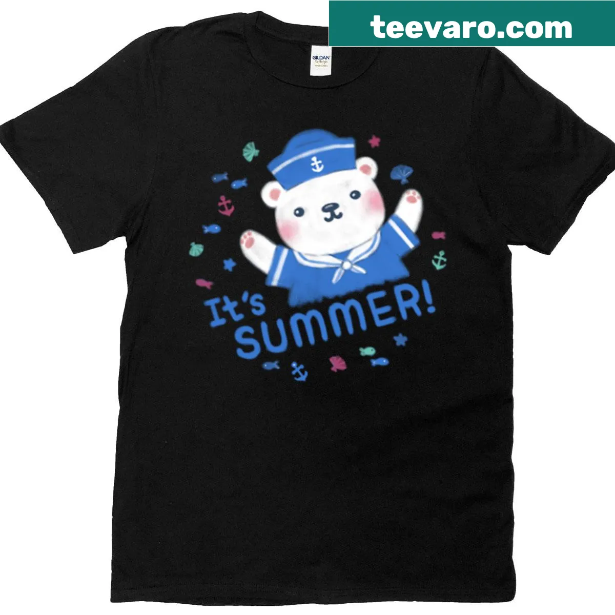 Cute polar bear sailor illustration on a unisex T-shirt — on a men's t-shirt