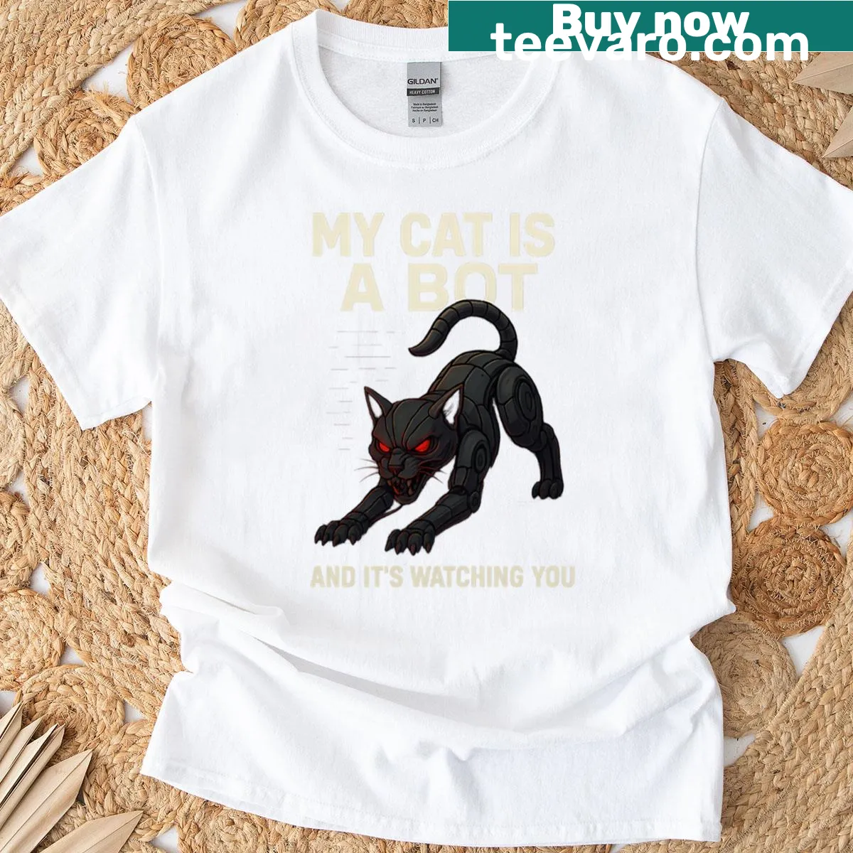 Cartoon robot cat pouncing with a humorous design on T-shirt — on a men's t-shirt
