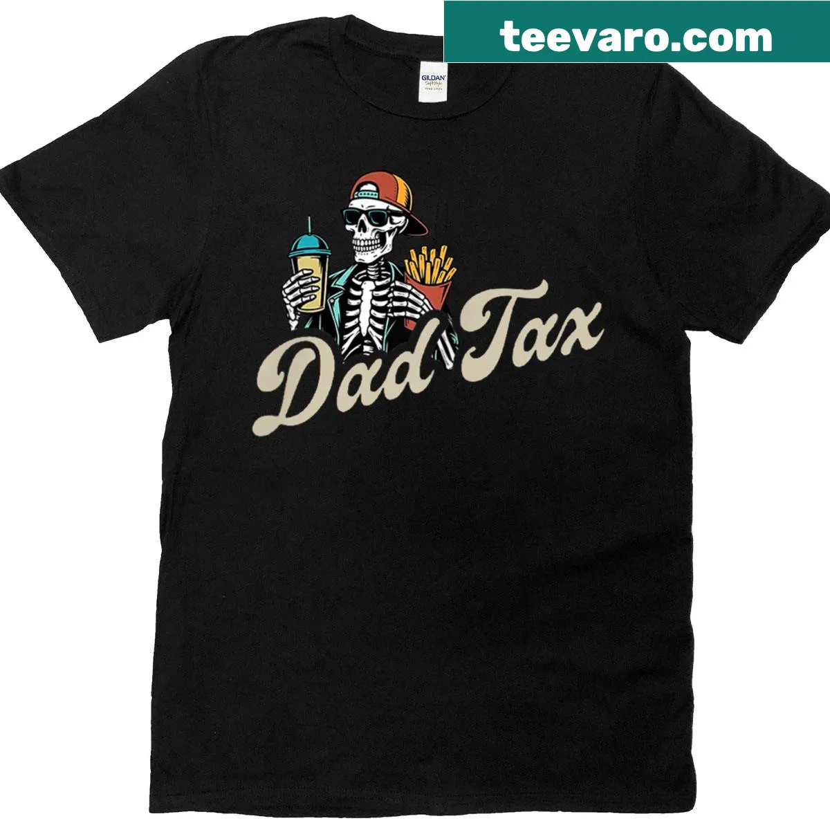 Dual-sided Dad Tax skeleton design T-shirt for humorous dads — on a men's t-shirt